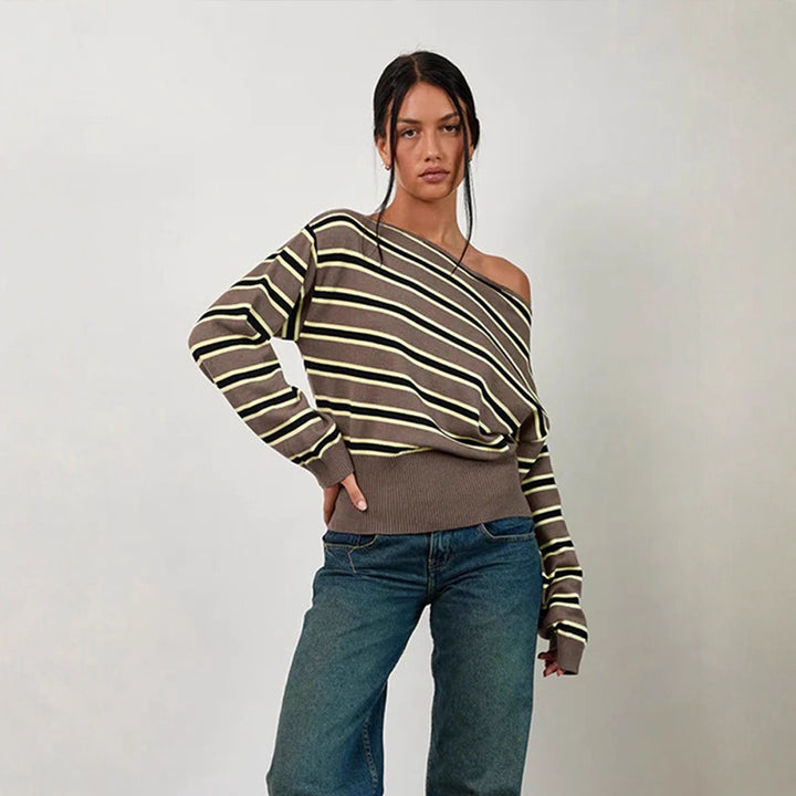 Women's fine knit boatneck pullover with asymmetrical shoulder drop, wide ribbed hem, and casual balloon sleeves Mune Fashion
