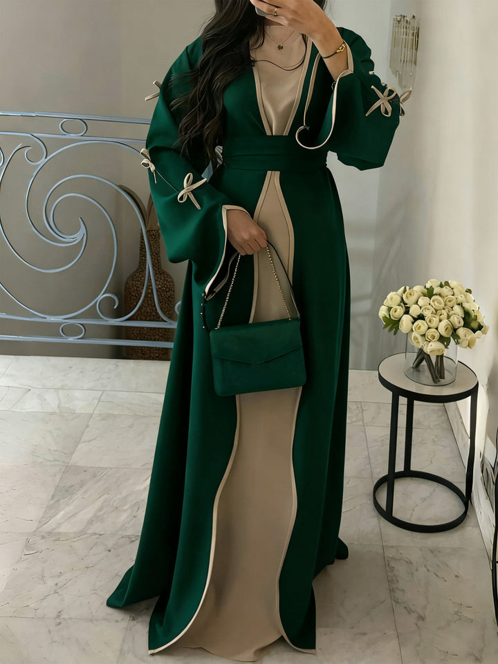 Women's elegant Abaya-Kaftan with wide trumpet sleeves, contrasting yoke and wrap belt Mune Fashion