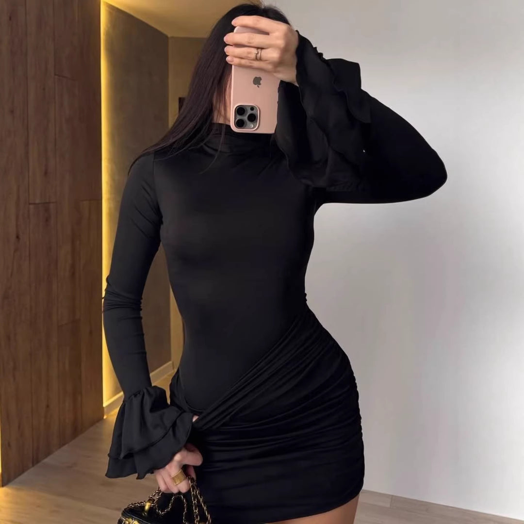 Ladies' fitted mini dress with ruffled flounce sleeves and gathered wrap look Mune Fashion