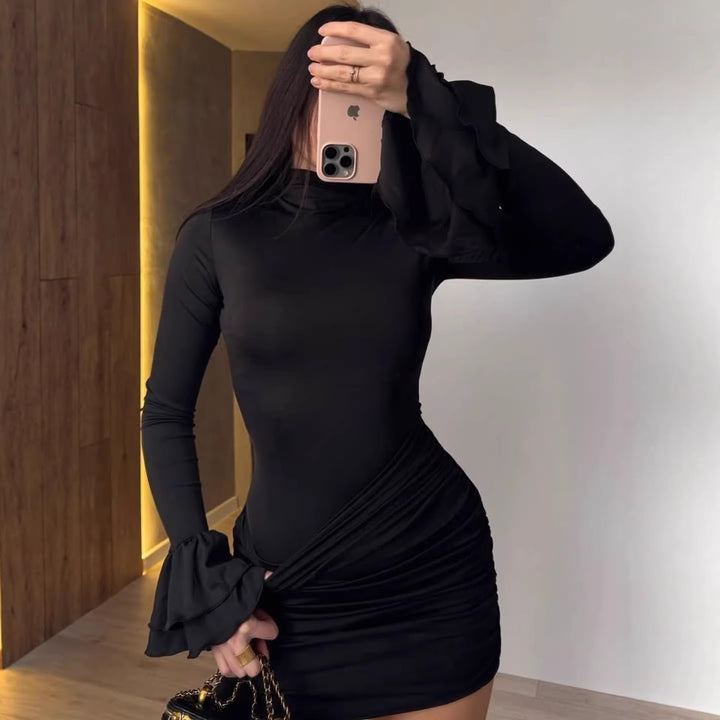 Ladies' fitted mini dress with ruffled flounce sleeves and gathered wrap look Mune Fashion