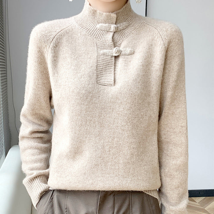 Women Cashmere-Look Mockneck Pullover with decorative KnMune Fashion button placket Mune Fashion
