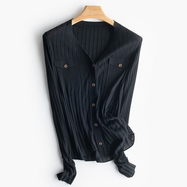 Women Fine Ribbed Button Cardigan with V-Neck and Chest Pockets Mune Fashion