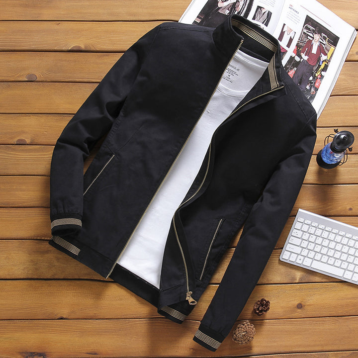 Men's Casual Canvas Blouson with Stand-Up Collar, Zipper and Ribbed Cuffs Mune Fashion