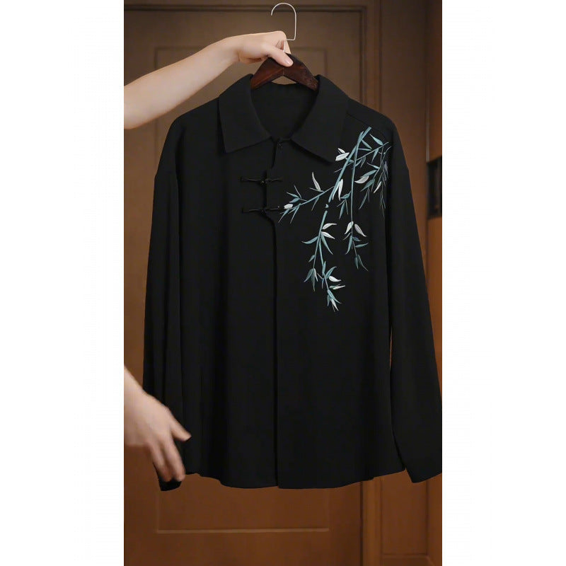 Women's Lightweight Long Sleeve Blouse with Shirt Collar, Decorative Knot Closure and Bamboo Print Mune Fashion