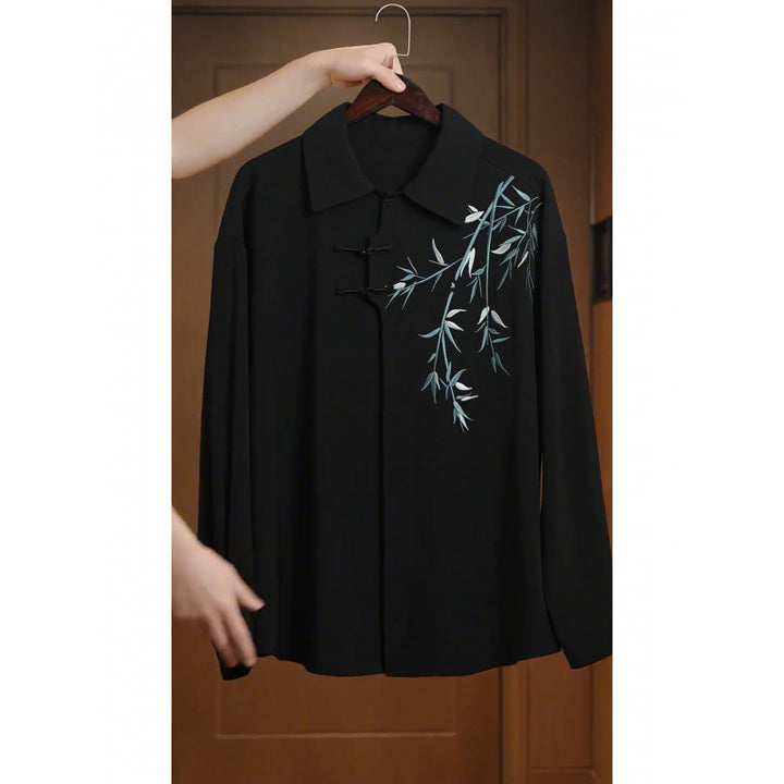 Women's Lightweight Long Sleeve Blouse with Shirt Collar, Decorative Knot Closure and Bamboo Print Mune Fashion