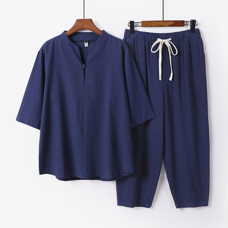 Women Lightweight Linen-Cotton Loungewear Set with Stand Collar, Three-Quarter Sleeves and Elasticated Waist Pants Mune Fashion