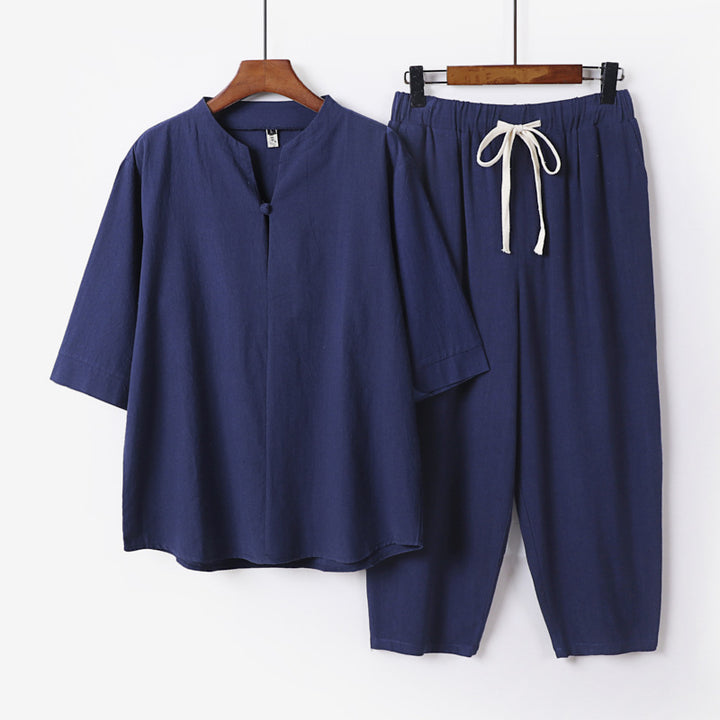 Women Lightweight Linen-Cotton Loungewear Set with Stand Collar, Three-Quarter Sleeves and Elasticated Waist Pants Mune Fashion