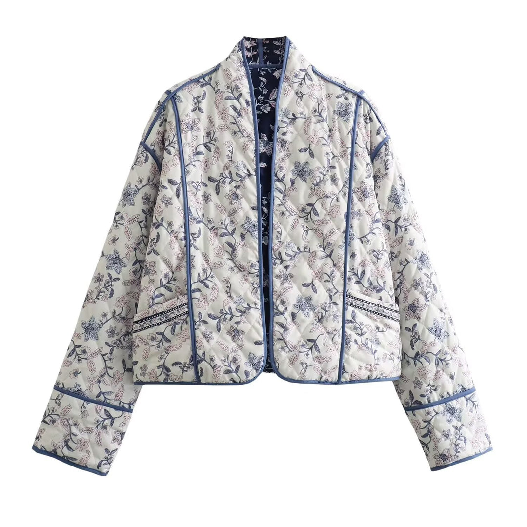 Ladies Quilted Short Jacket in Kimono Style with Floral Quilting and Contrast Piping Mune Fashion