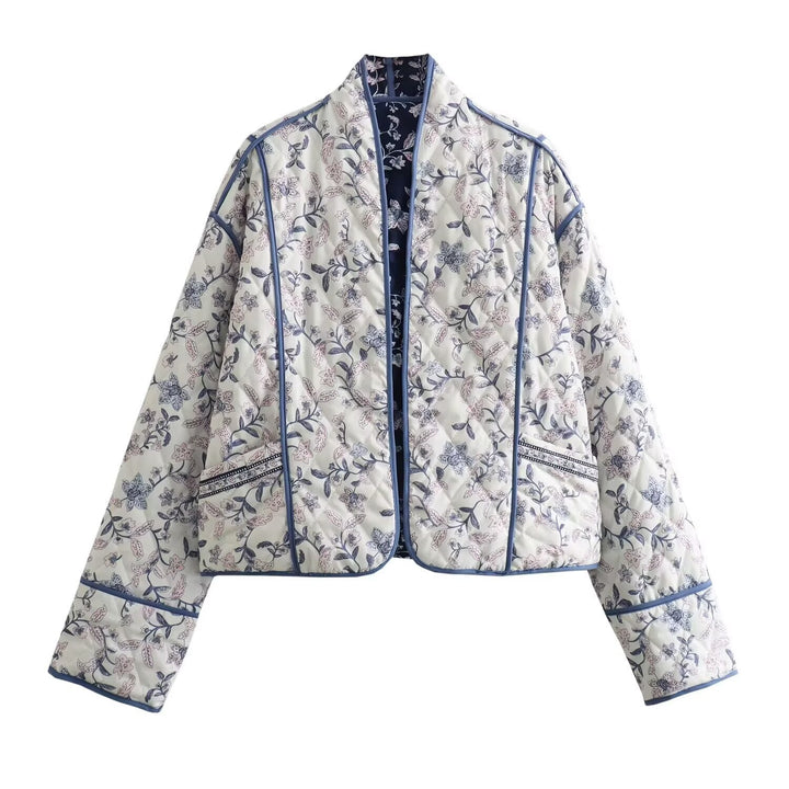 Ladies Quilted Short Jacket in Kimono Style with Floral Quilting and Contrast Piping Mune Fashion