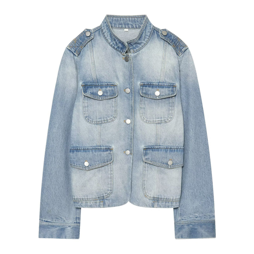 Women's Utility Style Denim Short Jacket with Epaulettes Drune
