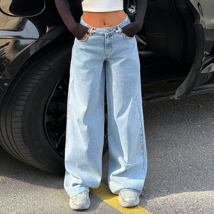 Women High-Waist Oversized Jeans with Wide Leg and Side Wedge Slits Mune Fashion