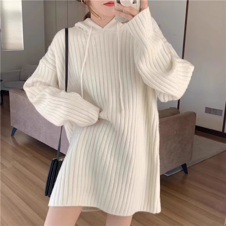 Women’s knitted hoodie dress with ribbed texture and oversized silhouette Mune Fashion
