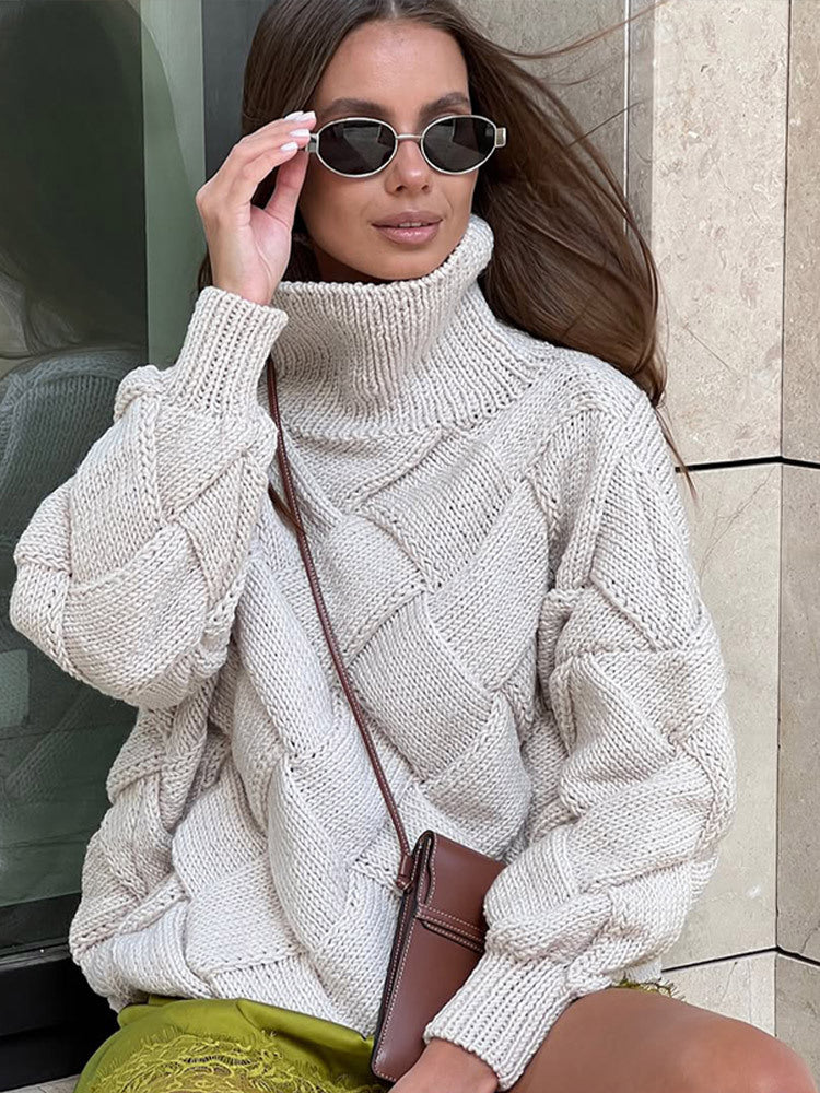 Women Oversize Knit Sweater with Roll Neck, Cable Pattern and Voluminous Balloon Sleeves Mune Fashion