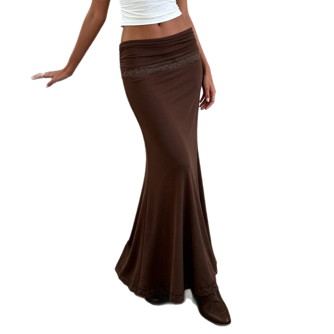 Women's Tailored Midi Skirt with Elastic Waistband and Lace Trim Mune Fashion