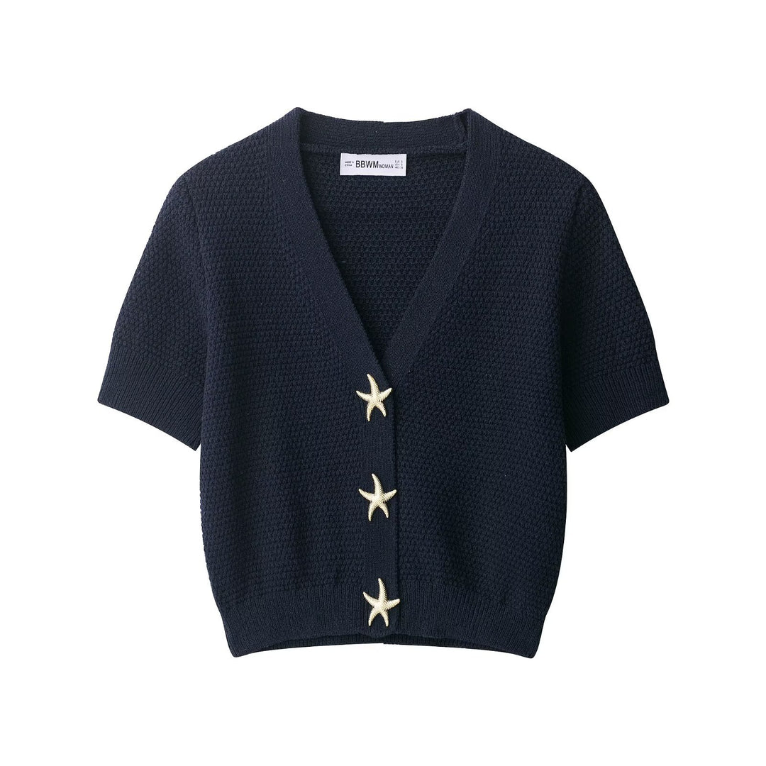 Women's Short-Sleeved Textured Knit Cardigan with V-Neck and Starfish Buttons Mune Fashion