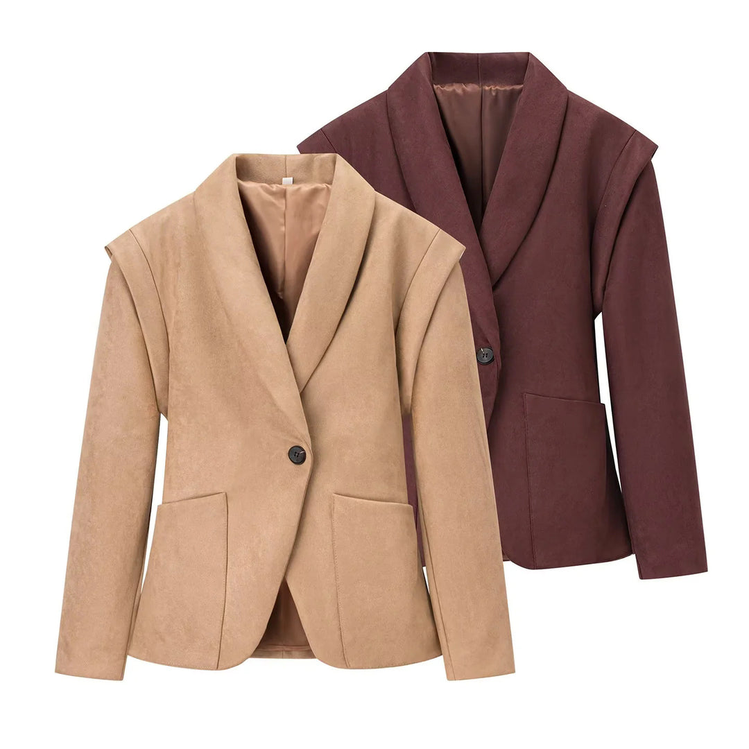 Women's elegant velour-look blazer with deep shawl collar, single-button closure, and large patch pockets Mune Fashion