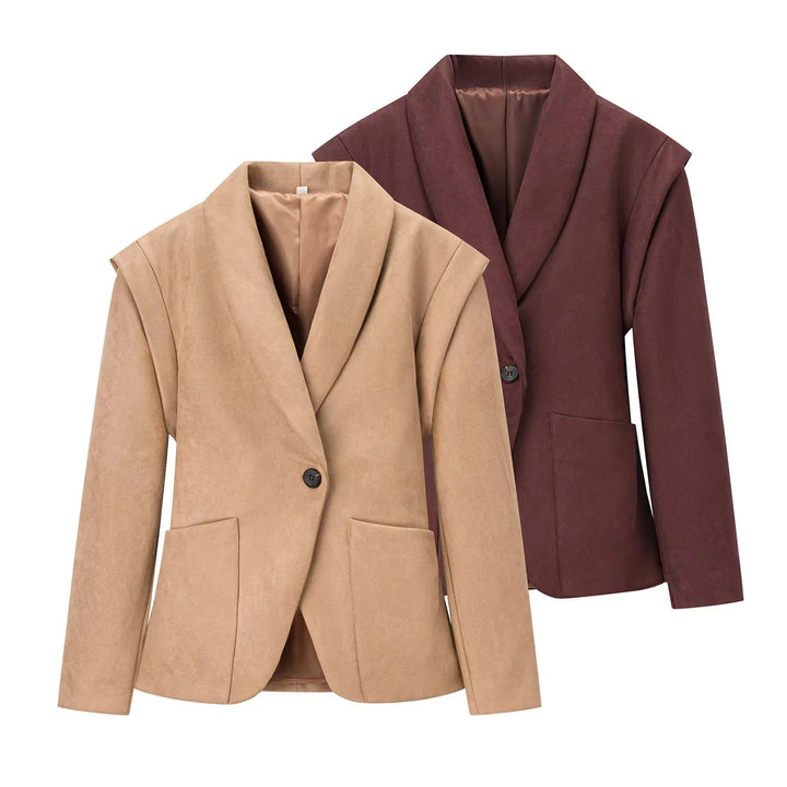 Women's elegant velour-look blazer with deep shawl collar, single-button closure, and large patch pockets Mune Fashion
