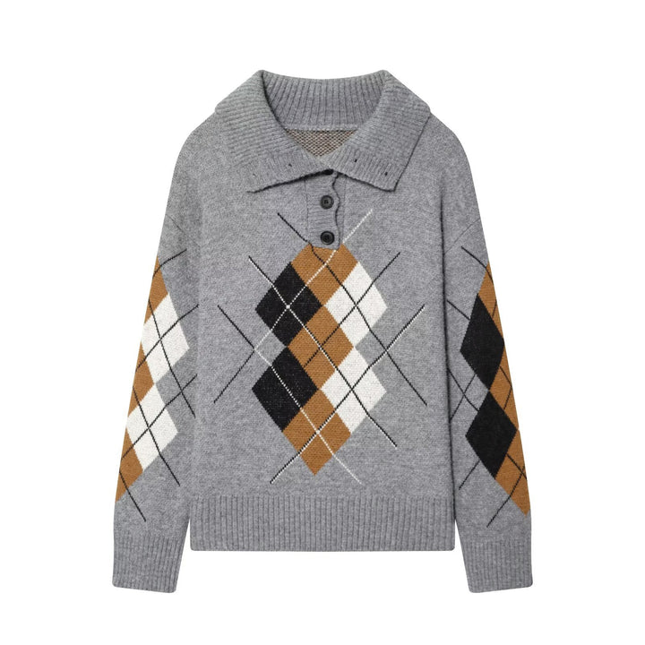 Women’s Oversized Knit Sweater with Diamond Pattern and Turtleneck Mune Fashion