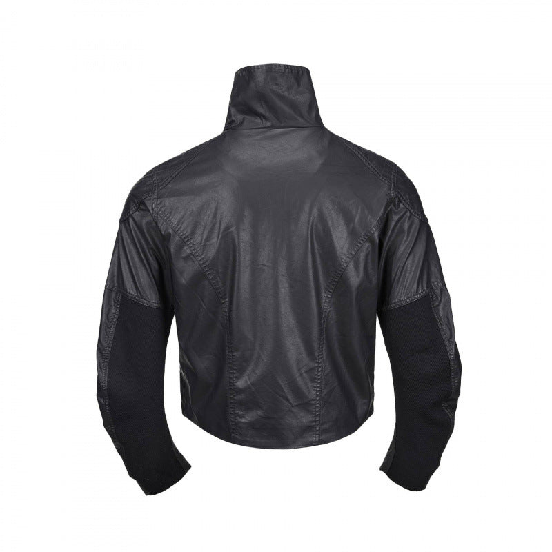 Men's short jacket in leather look with high stand-up collar, two diagonal chest zippers and vintage metal details Mune Fashion