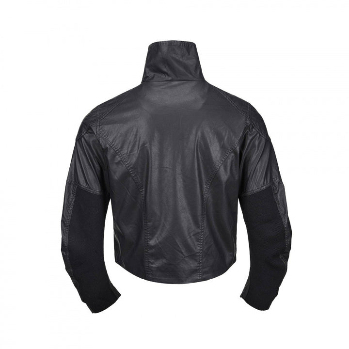 Men's short jacket in leather look with high stand-up collar, two diagonal chest zippers and vintage metal details Mune Fashion