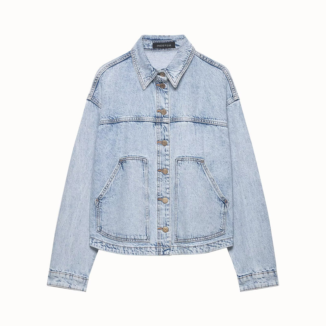 Women's Boxy Cropped Denim Work Jacket with Large Applied Front Pockets Mune Fashion