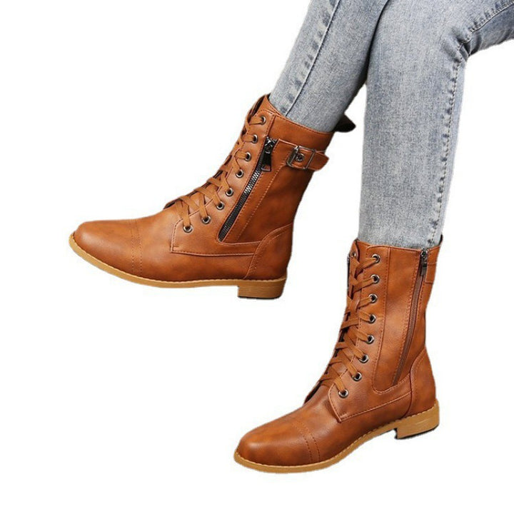 Women's ankle-high lace-up boots made of synthetic leather with a side zipper and durable tread sole Mune Fashion