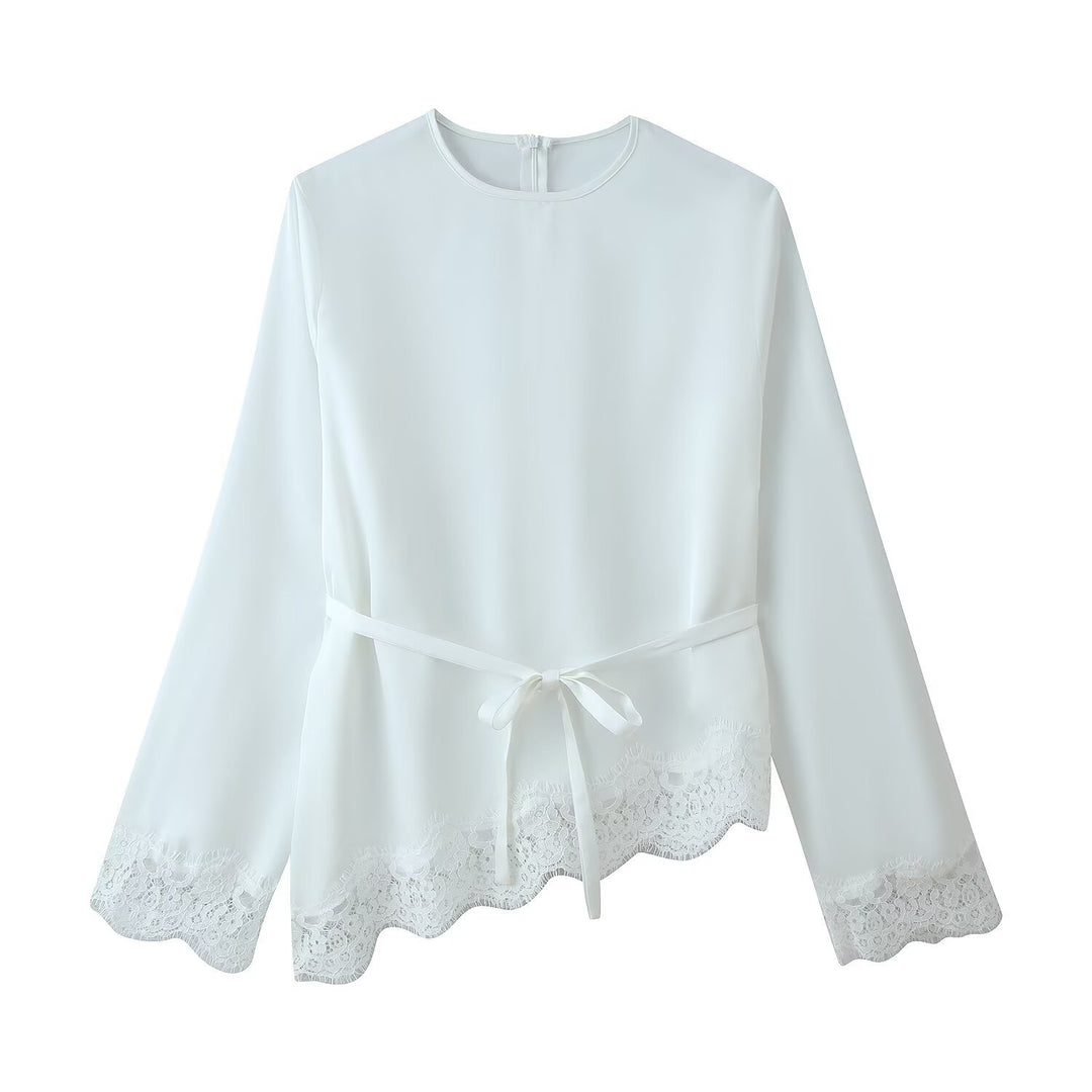 Women's 50+ elegant chiffon blouse with lace trim and waistband Mune Fashion
