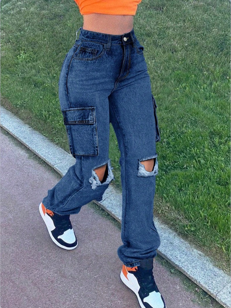 Ladies High-Waist Cargo Jeans with straight leg, knee rips and side flap pocket Mune Fashion