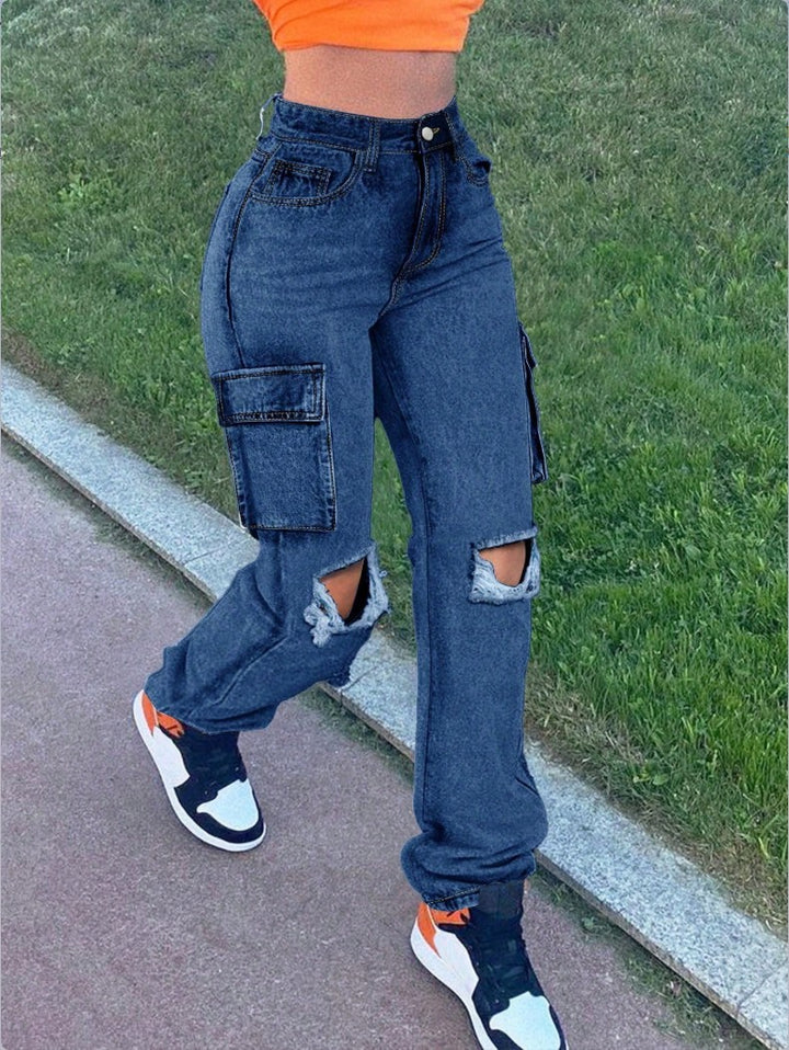 Ladies High-Waist Cargo Jeans with straight leg, knee rips and side flap pocket Mune Fashion