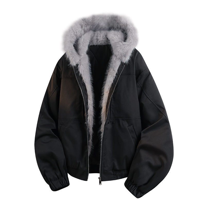 Women's Padded Hooded Bomber Jacket with Faux Fur Collar Mune Fashion