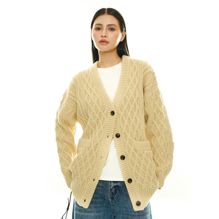 Ladies Oversize Knit Cardigan with Cable Pattern, Patch Pockets and Button Placket Mune Fashion