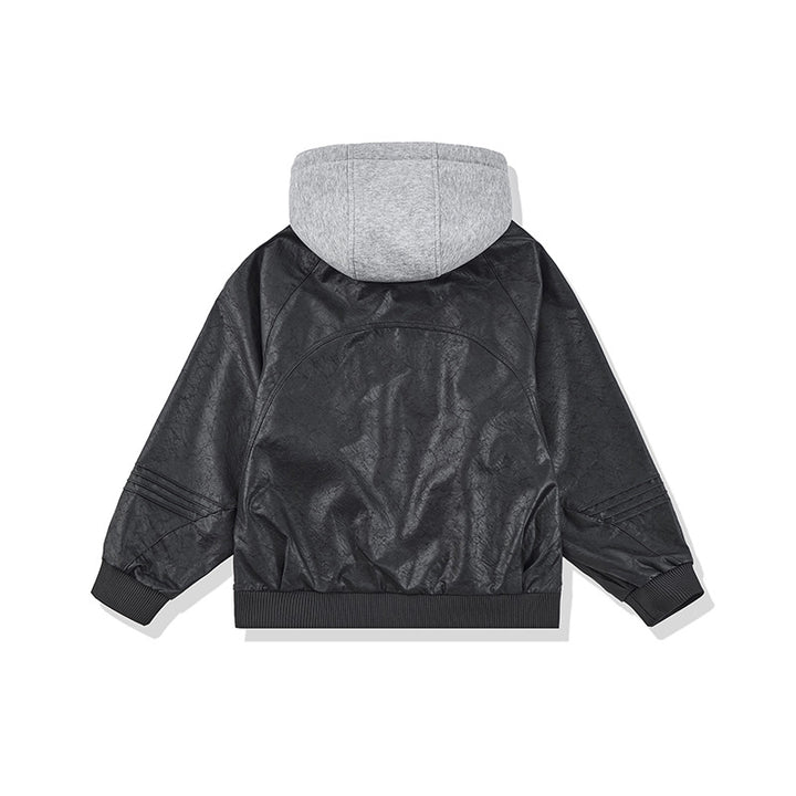 Unisex Wide Cut Faux Leather Bomber Jacket with Contrast Hood and Ribbed Cuffs Mune Fashion