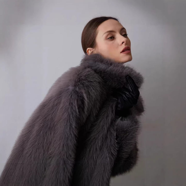 Ladies Short Boxy Faux Fur Jacket with Extra Soft High Pile and Voluminous Shawl Collar Mune Fashion