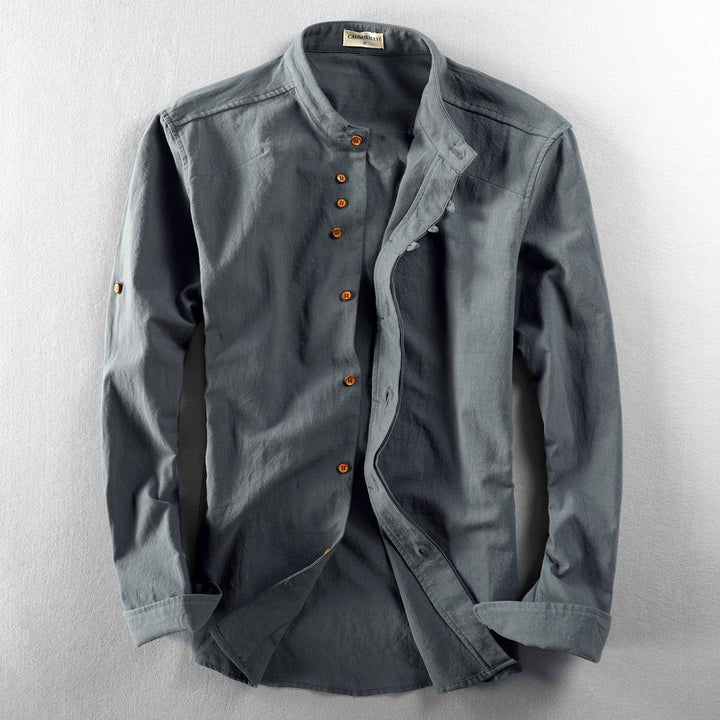 Men's Lightweight Linen Overshirt with Stand Collar and Decorative Button Placket Mune Fashion
