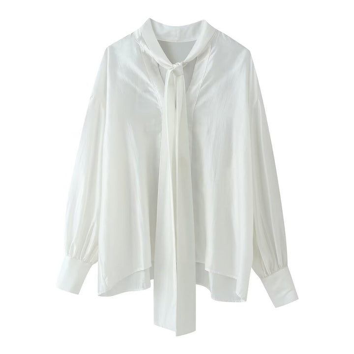 Women's silk-like blouse with loose fit, long ribbon ties and balloon sleeves Mune Fashion