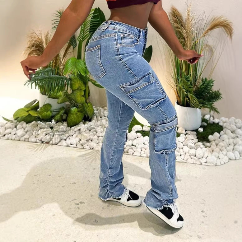 Ladies Cargo Denim Jeans with High Waist, Slim Fit Hips and Patch Utility Pockets Mune Fashion