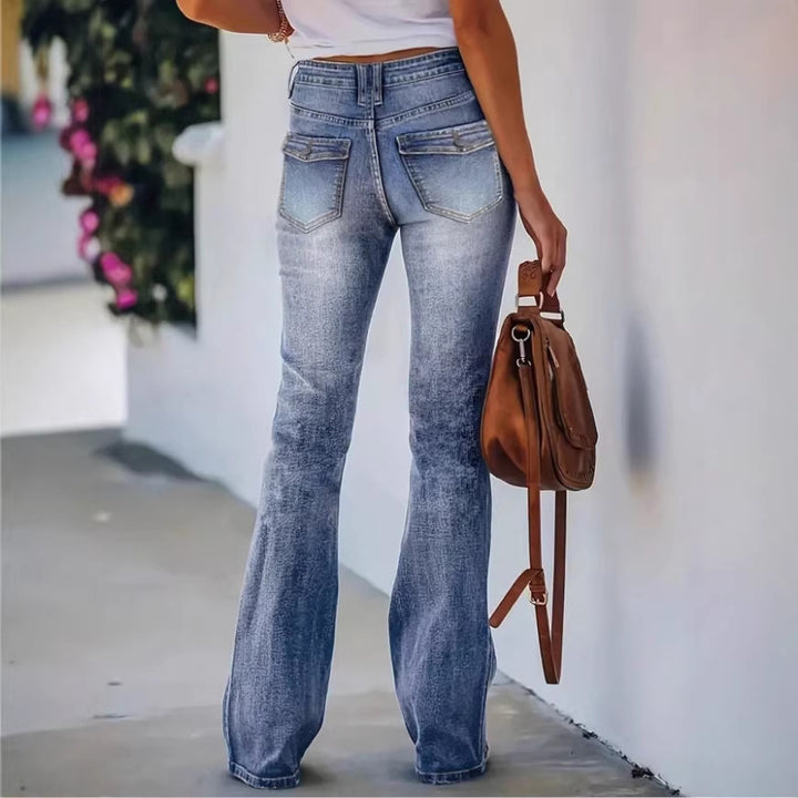 Women's High-Waisted Flared Denim Pants with Front Decorative Stitching and Shaping Waistband Mune Fashion