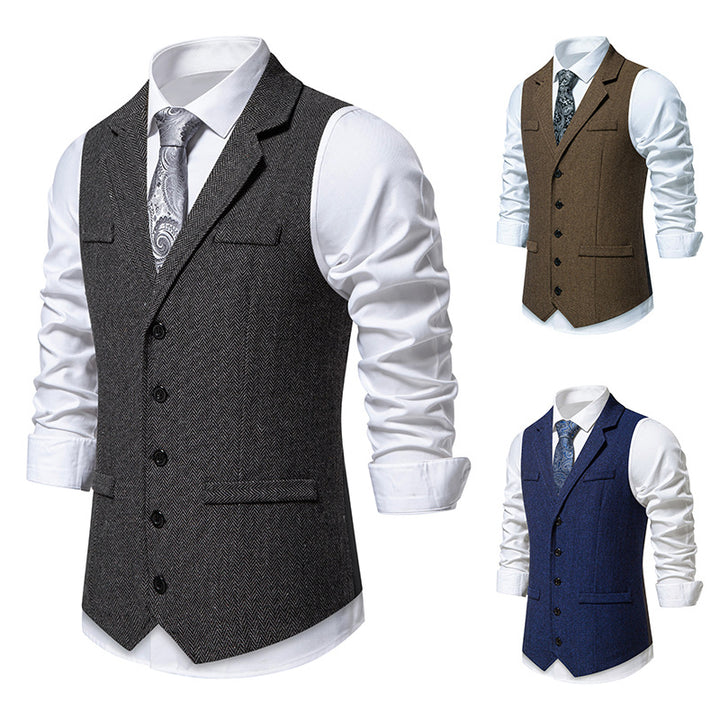 Men's tailored herringbone vest with lapel collar and classic button placket Mune Fashion
