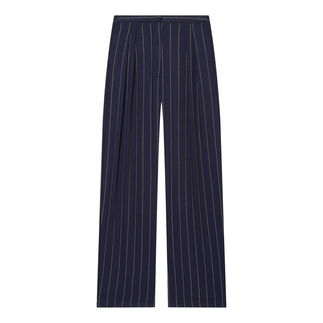 Women's Wide-Cut Pinstripe Trousers with High Waist and Crease Mune Fashion