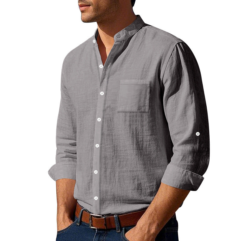 Men's light linen shirt with stand-up collar and patch chest pocket in regular fit Mune Fashion