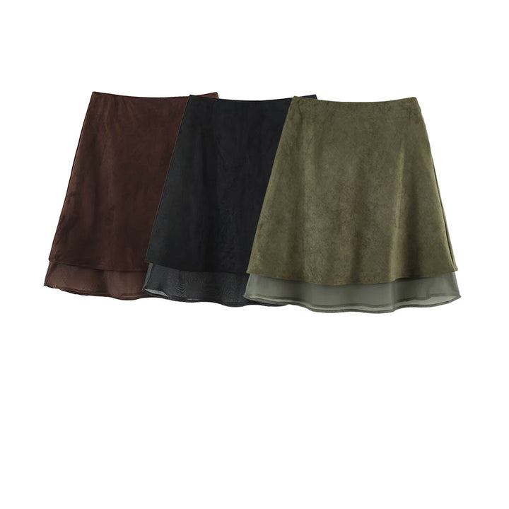 Women’s A-line midi skirt with velour look and chiffon ruffle Mune Fashion