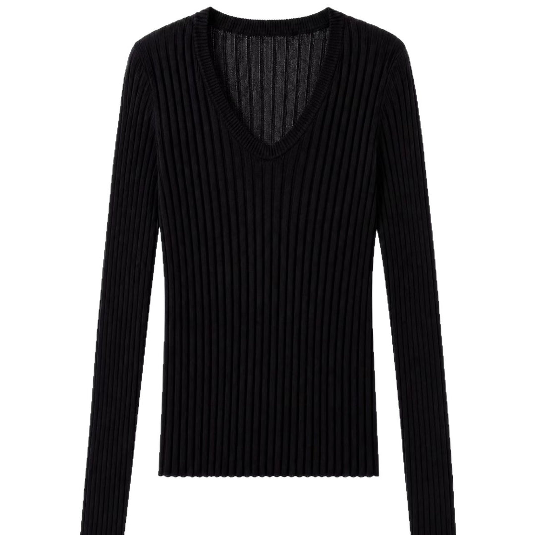 Women Tight Fine Knit Long Sleeve with Deep V-Neck and Wide Ribbed Structure Mune Fashion
