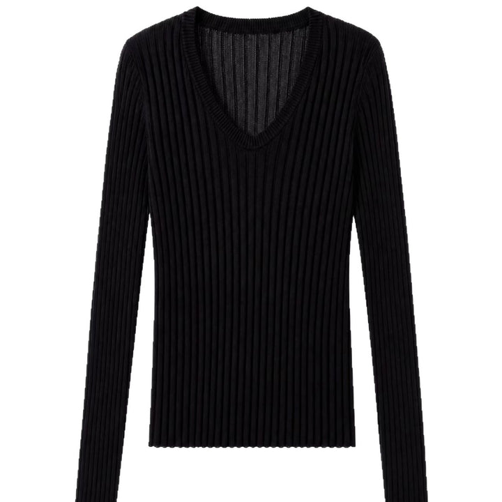 Women Tight Fine Knit Long Sleeve with Deep V-Neck and Wide Ribbed Structure Mune Fashion