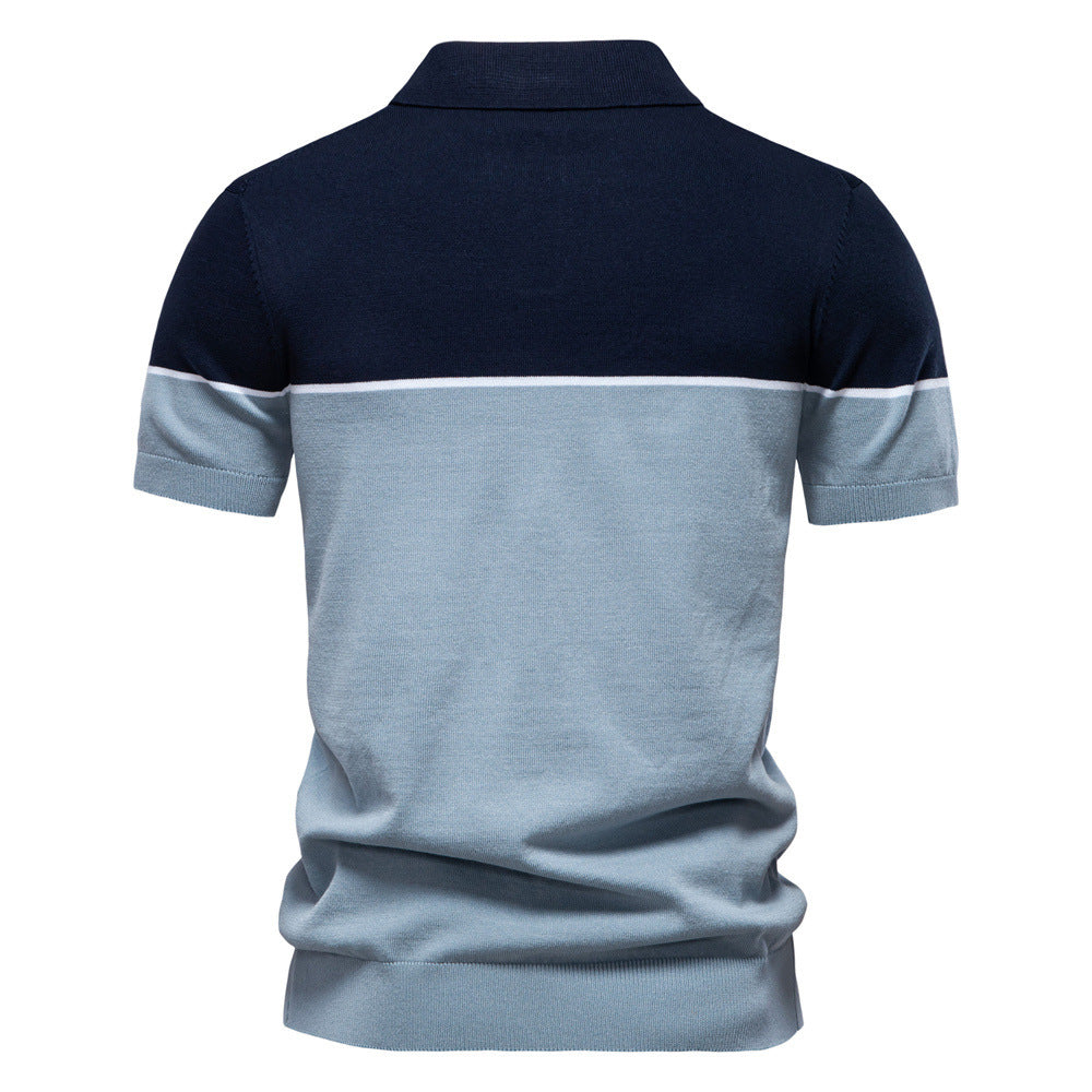 Men's modern short sleeve polo shirt made of fine knit with open lapel collar and horizontal contrast yoke Mune Fashion