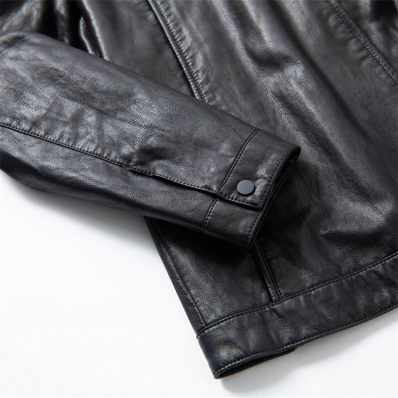 Men's Slim Blouson Leather Jacket with Stand Collar and Hidden Zipper Mune Fashion