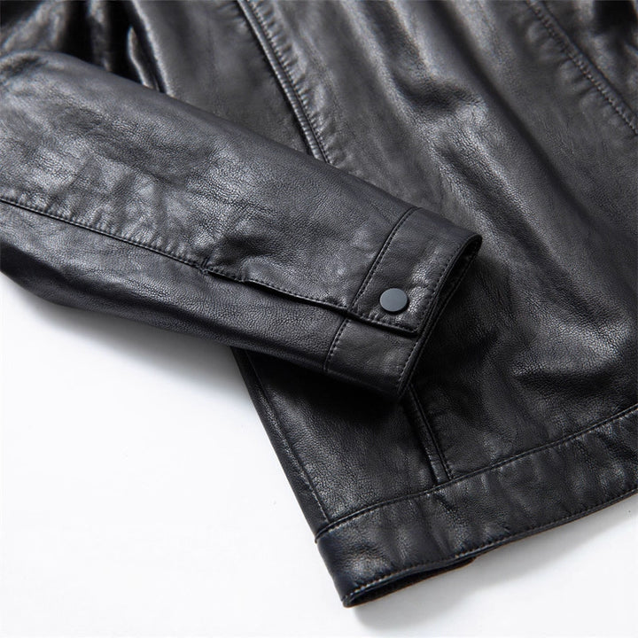 Men's Slim Blouson Leather Jacket with Stand Collar and Hidden Zipper Mune Fashion