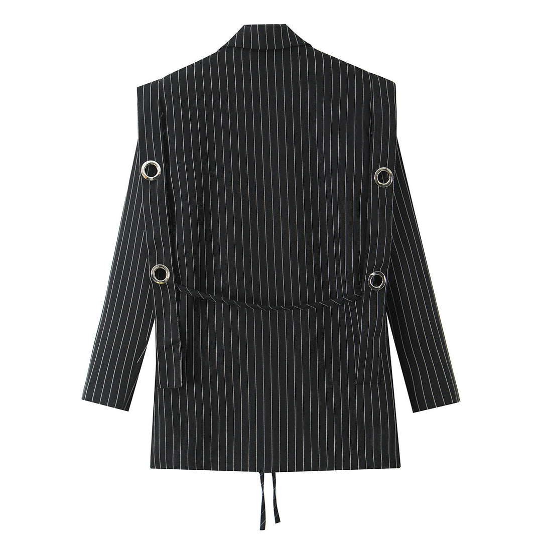 Women's fitted pinstriped blazer with decorative eyelets and drawstring Mune Fashion
