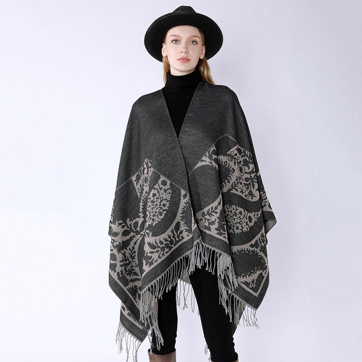 Women's Oversize Cloak Poncho with Floral Medallion Jacquard and Fringe Hem Mune Fashion