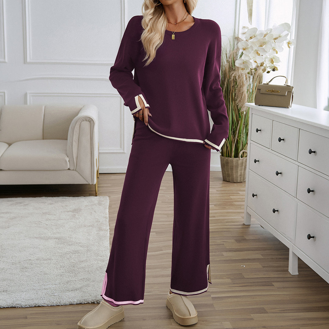 Women's relaxed lounge set with soft round neckline, contrasting piping, and wide palazzo pants Mune Fashion