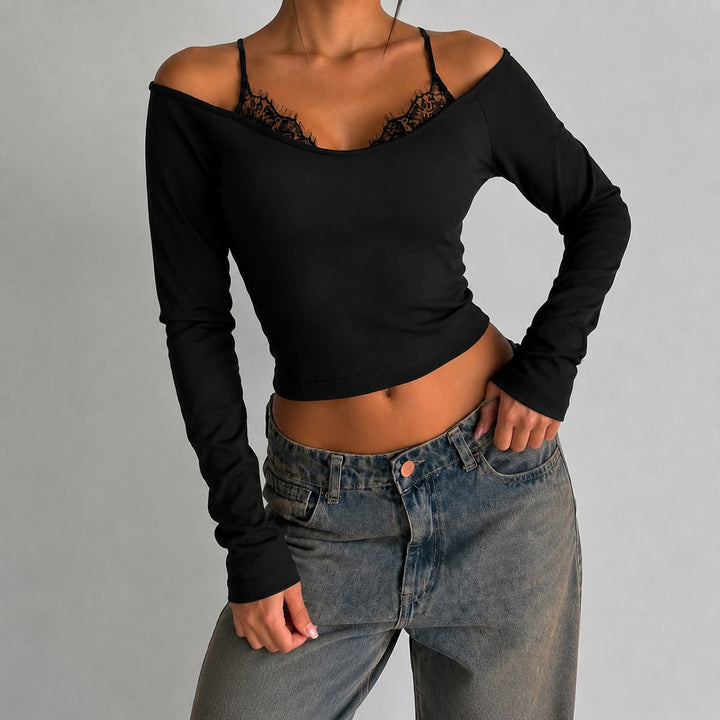 Women Off-Shoulder Long Sleeve Cami with Delicate Lace Lining and Adjustable Spaghetti Straps Mune Fashion
